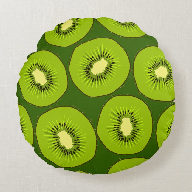 Kiwi fruit slices: dark green. round pillow (Front)
