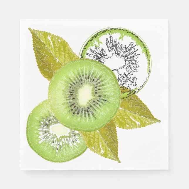 Kiwi, fruity, green and white, fresh, juicy, white napkins (Front)