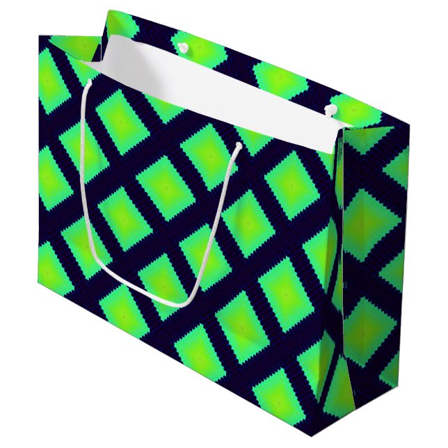 Kiwi Green And Navy Blue Geometric Pattern Large Gift Bag (Front Angled)