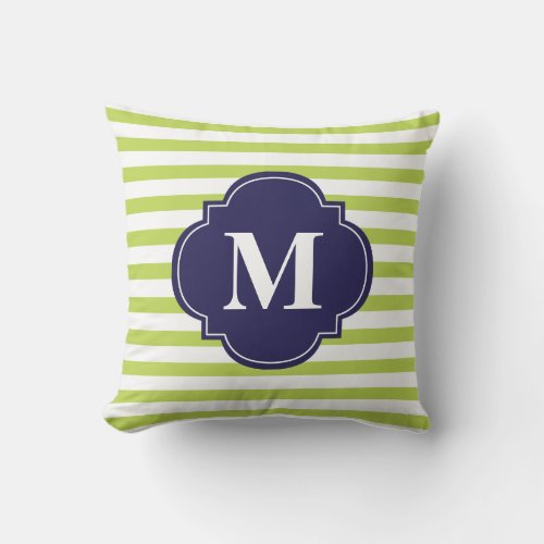 Kiwi Green and Navy Blue Stripes Monogram Throw Pillow