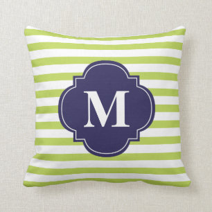 Kiwi Green and Navy Blue Stripes Monogram Throw Pillow