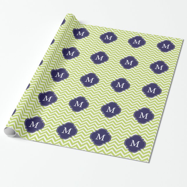 Kiwi Green & Blue Zigzags Pattern Monogram Wrapping Paper (Unrolled)