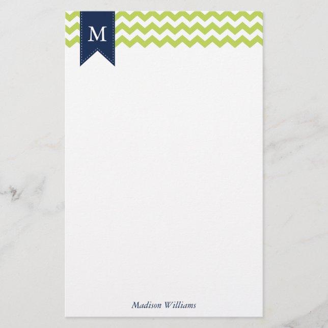 Kiwi Green Chevrons and Blue Monogram Stationery (Front)