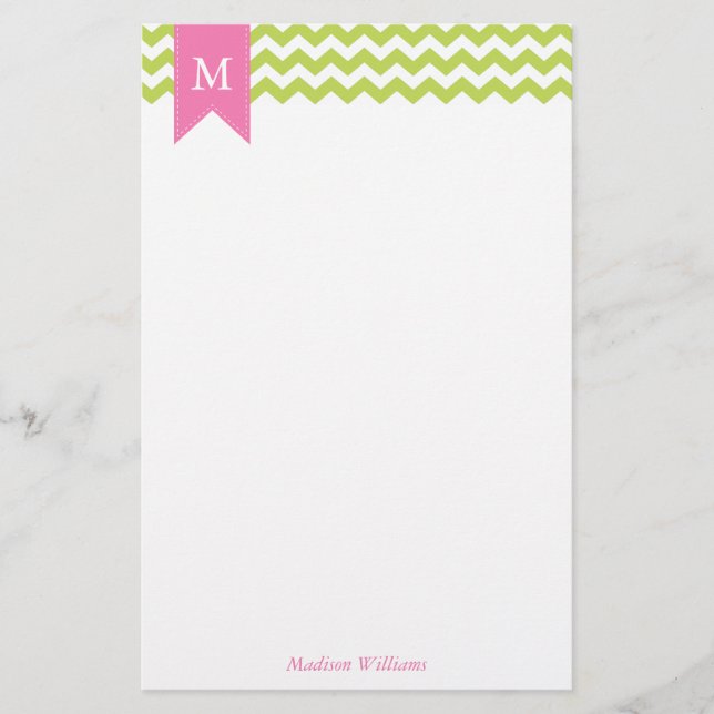 Kiwi Green Chevrons Pattern and Pink Monogram Stationery (Front)