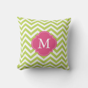 Kiwi Green Fuschia Zigzag Pattern Monogram Throw Pillow