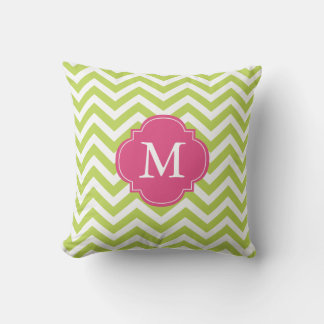 Kiwi Green Fuschia Zigzag Pattern Monogram Throw Pillow