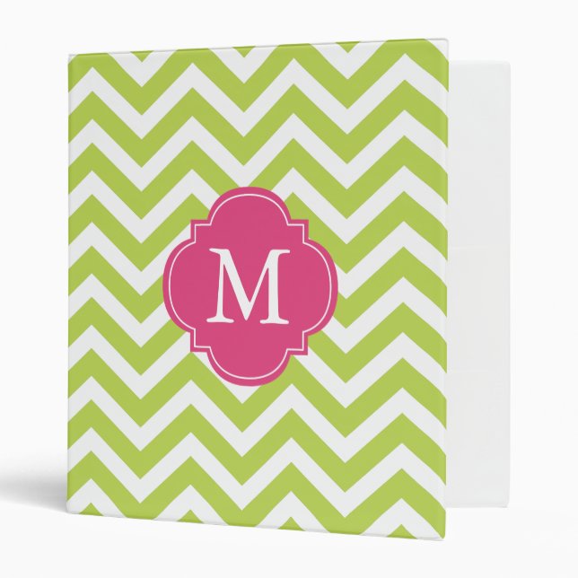 Kiwi Green & Fuschia Zigzags Pattern Monogram 3 Ring Binder (Front/Inside)