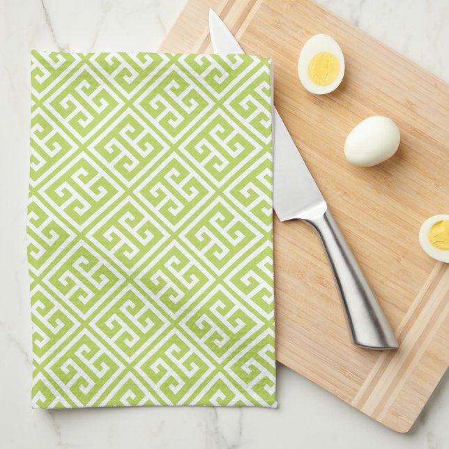 Kiwi Green Greek Key Pattern Kitchen Towel (Quarter Fold)
