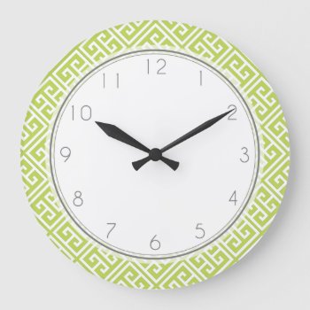 Kiwi Green Greek Key Pattern Large Clock by heartlockedhome at Zazzle