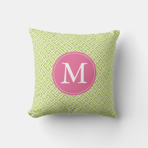 Kiwi Green Pink Greek Key Pattern Monogram Throw Pillow