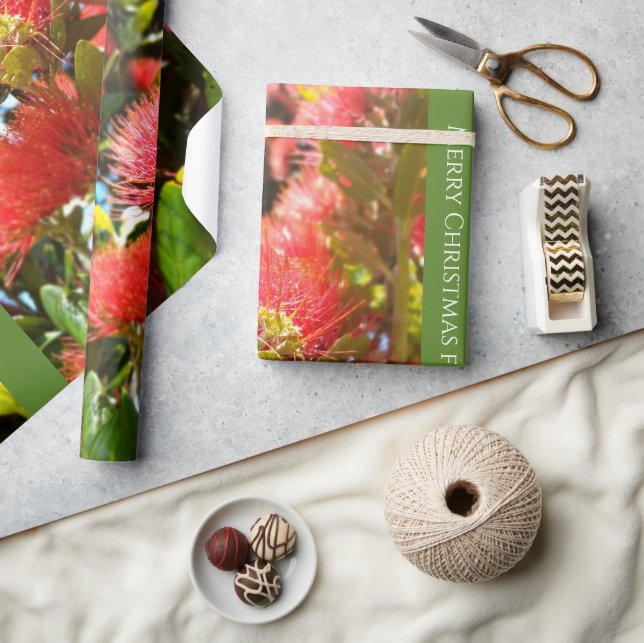 KIWI NZ RED GREEN POHUTUKAWA FLOWER XMAS MESSAGE WRAPPING PAPER (Crafts)