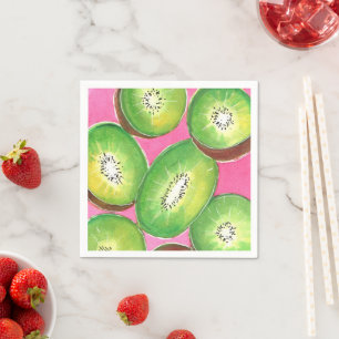 Kiwi on pink cocktail napkin neon green and pink