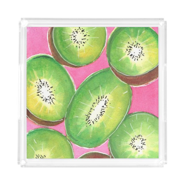 Kiwi on pink cocktail napkin neon green and pink acrylic tray (Front)