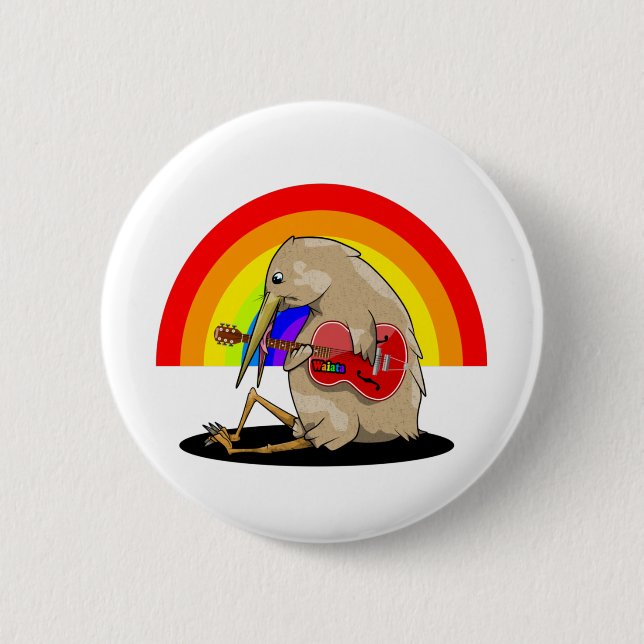 Kiwi playing guitar rainbow button (Front)