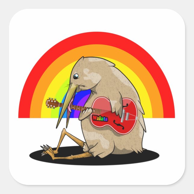 Kiwi playing guitar rainbow square sticker (Front)