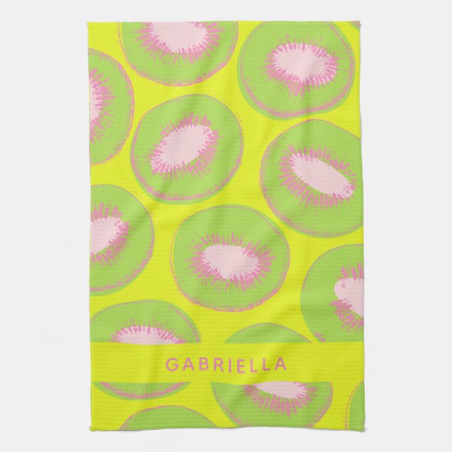 Kiwi Pop Art Fruit Pattern Green Pink Personalized Kitchen Towel (Vertical)