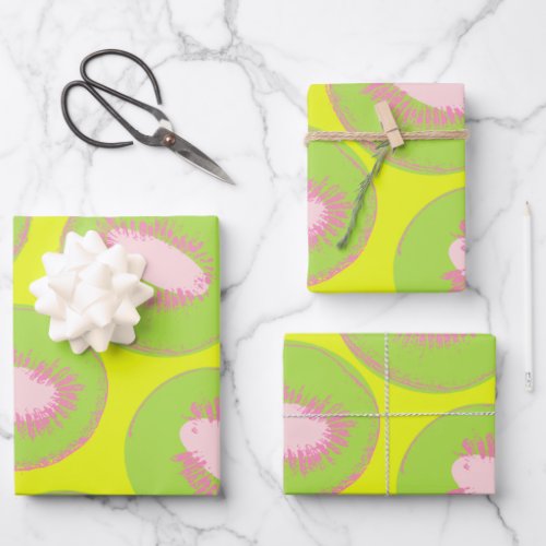 Kiwi Pop Art Fruit Pattern in Chartreuse and Pink Wrapping Paper Sheets