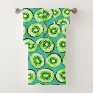 Kiwi slices on turquoise bath towel set