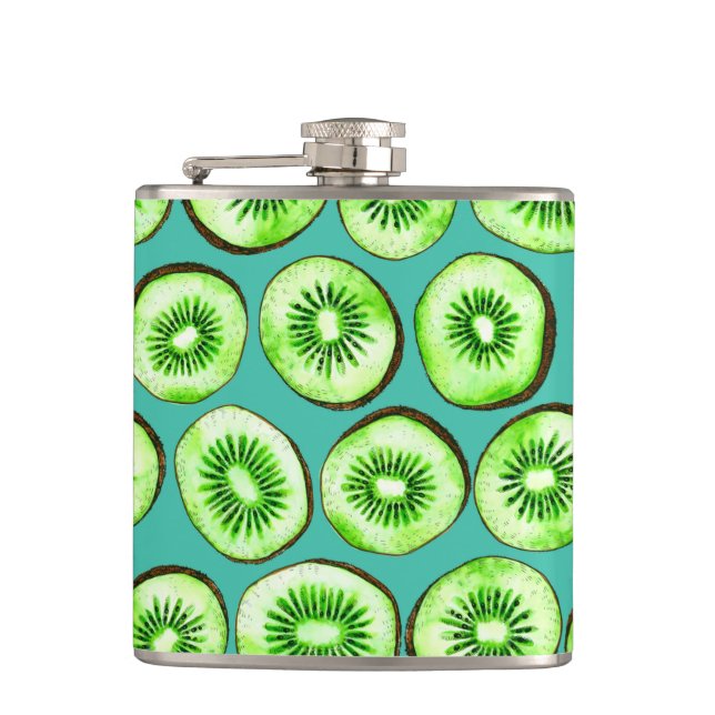 Kiwi slices on turquoise flask (Front)