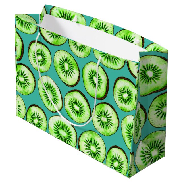 Kiwi slices on turquoise large gift bag (Back Angled)