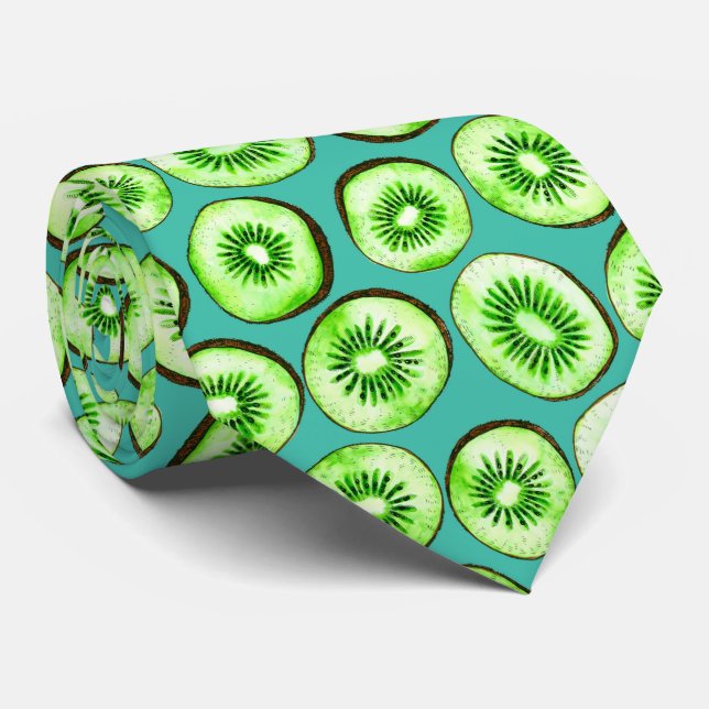 Kiwi slices on turquoise neck tie (Rolled)