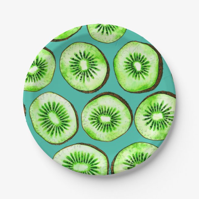 Kiwi slices on turquoise paper plates (Front)