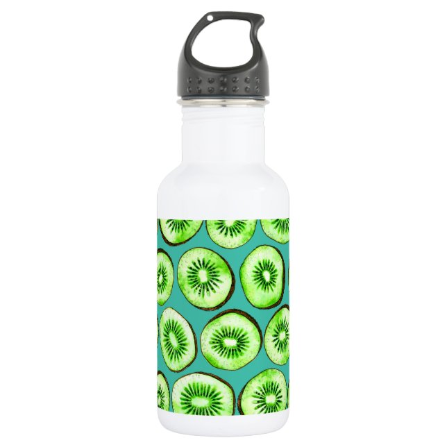 Kiwi slices on turquoise stainless steel water bottle (Front)