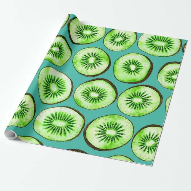 Kiwi slices on turquoise wrapping paper (Unrolled)