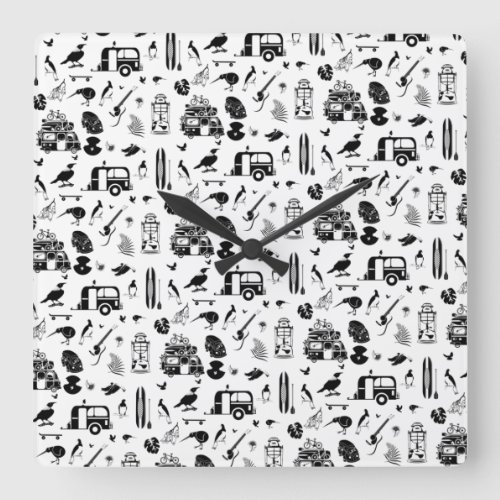 Kiwi summer pattern black and white square wall clock