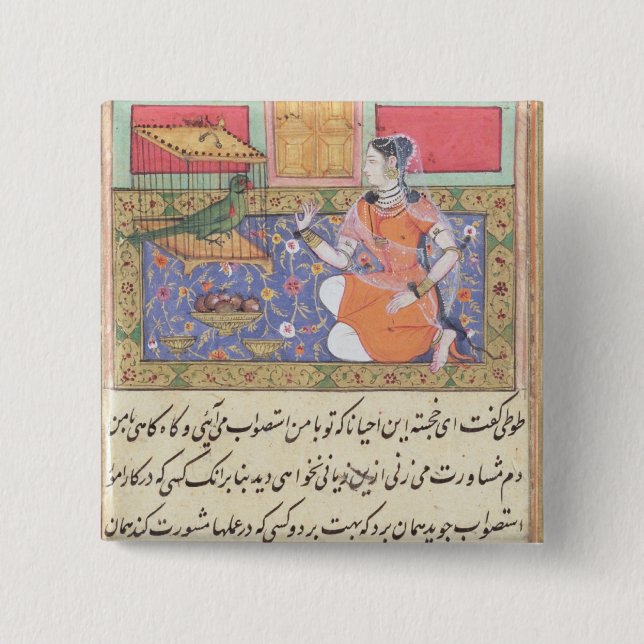 Kjujista, the Merchant's Wife, talking to a Parrot Button (Front)
