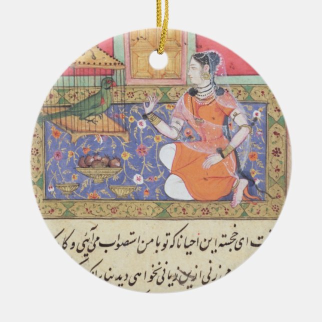 Kjujista, the Merchant's Wife, talking to a Parrot Ceramic Ornament (Front)