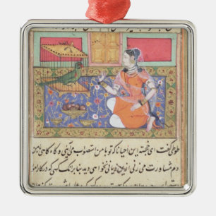Kjujista, the Merchant's Wife, talking to a Parrot Metal Ornament