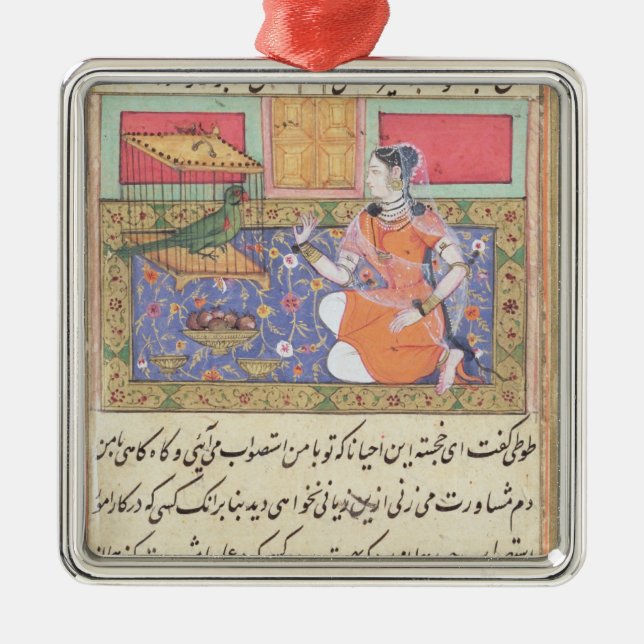 Kjujista, the Merchant's Wife, talking to a Parrot Metal Ornament (Front)