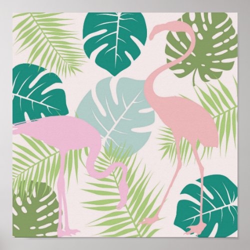 Kleurrijke print met tropische planten en flamingo