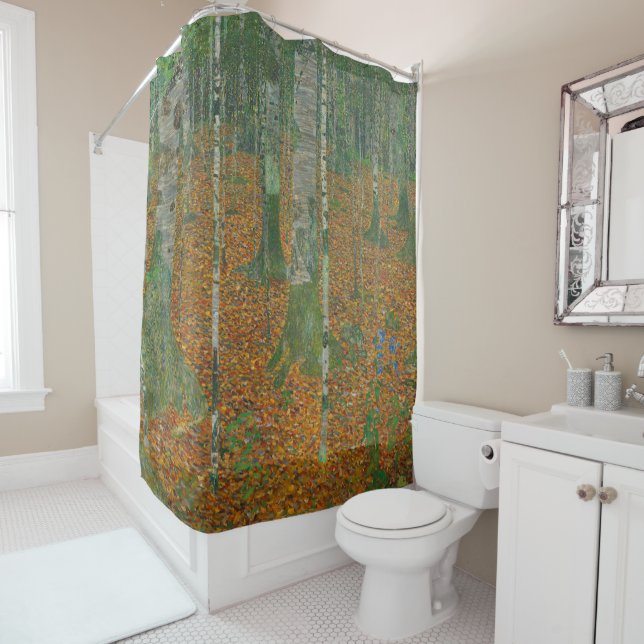 Klimt Birch Forest Autumn Landscape Art Shower Curtain (In Situ)