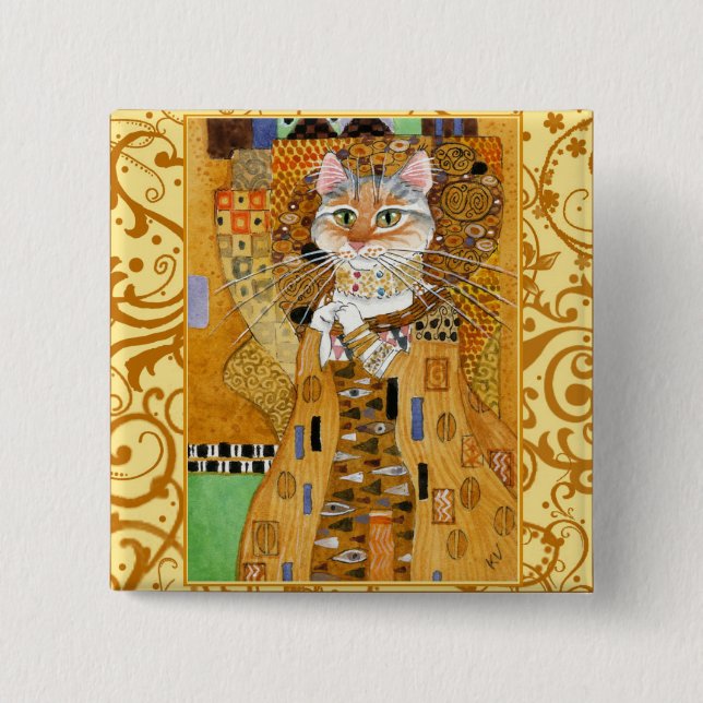 Klimt Cat in Gold square pinback Button (Front)