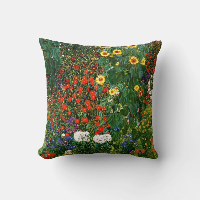 Klimt - Farm Garden with Sunflowers,  Throw Pillow (Front)
