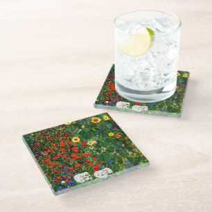 Klimt - Farm Garden with Sunflowers Tile Glass Coaster