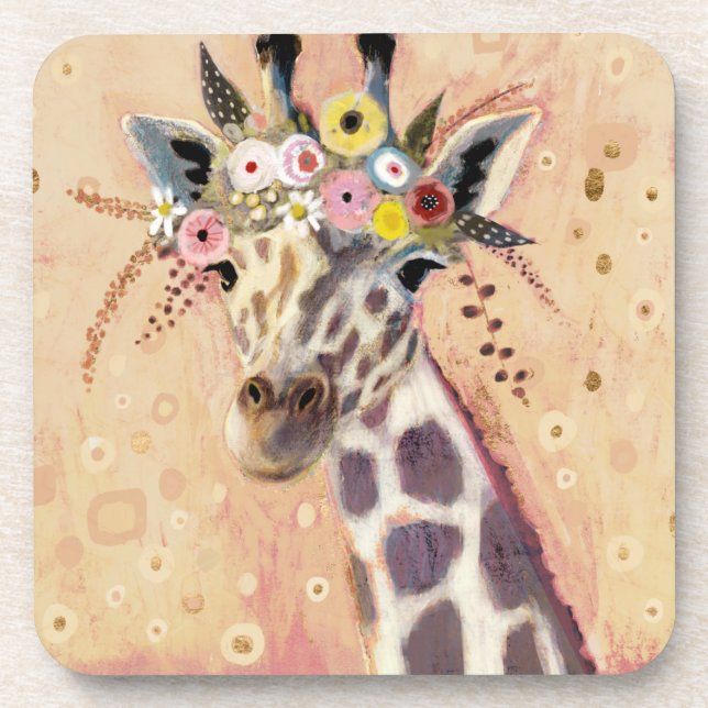 Klimt Giraffe | Adorned In Flowers Beverage Coaster (Front)