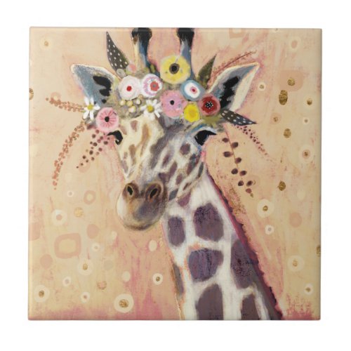 Klimt Giraffe  Adorned In Flowers Ceramic Tile