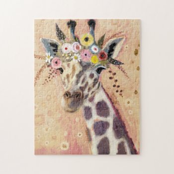 Klimt Giraffe | Adorned In Flowers Jigsaw Puzzle by worldartgroup at Zazzle