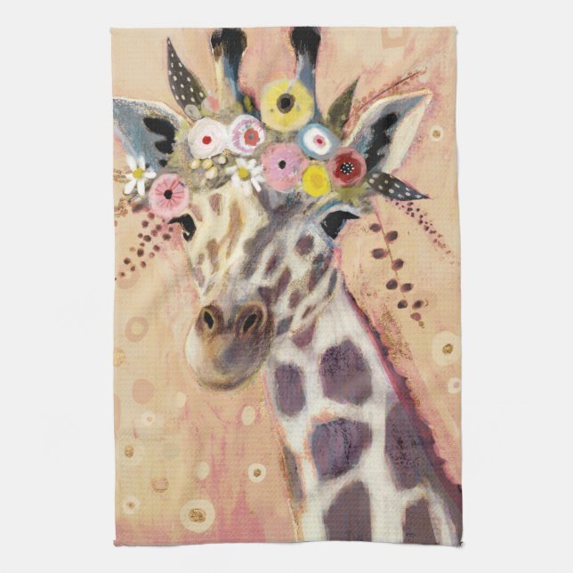 Klimt Giraffe | Adorned In Flowers Kitchen Towel (Vertical)