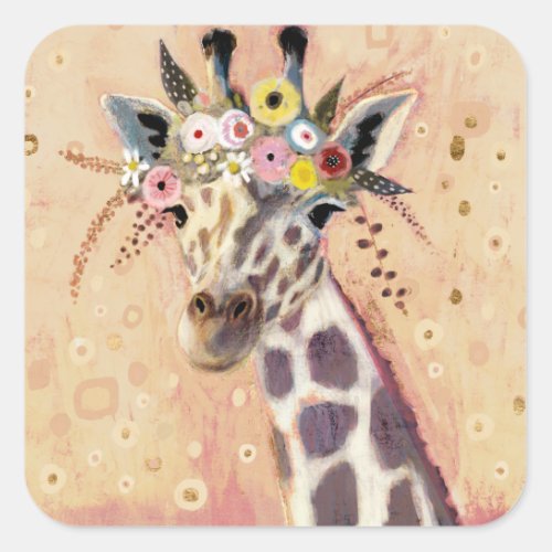 Klimt Giraffe  Adorned In Flowers Square Sticker