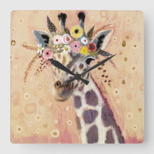 Klimt Giraffe   Adorned In Flowers Square Wall Clock