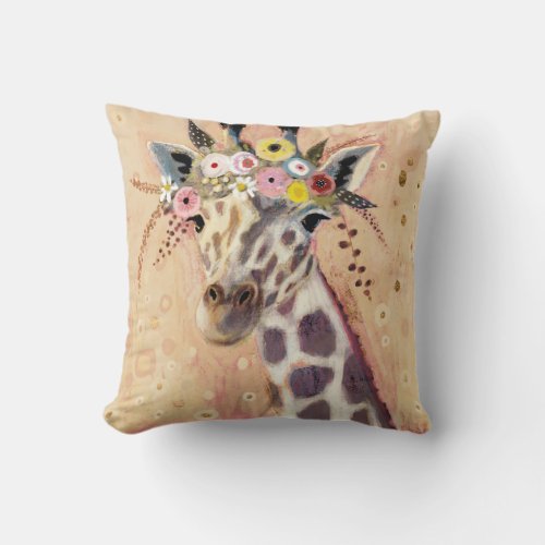 Klimt Giraffe  Adorned In Flowers Throw Pillow