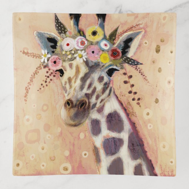 Klimt Giraffe | Adorned In Flowers Trinket Tray (Front)