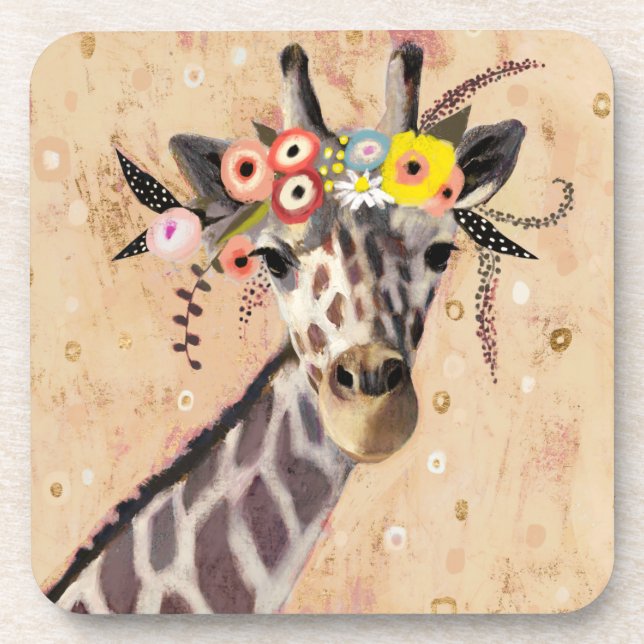 Klimt Giraffe | Crown Of Flowers Beverage Coaster (Front)
