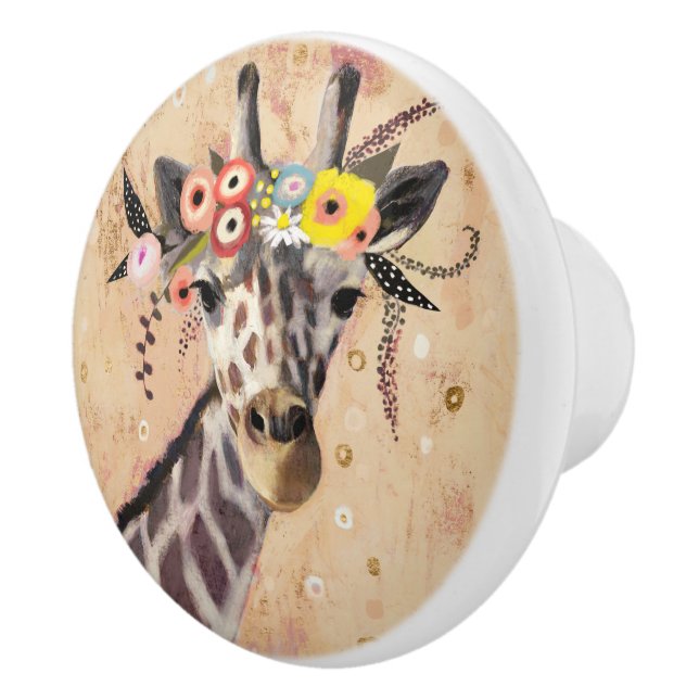 Klimt Giraffe | Crown Of Flowers Ceramic Knob (Right)