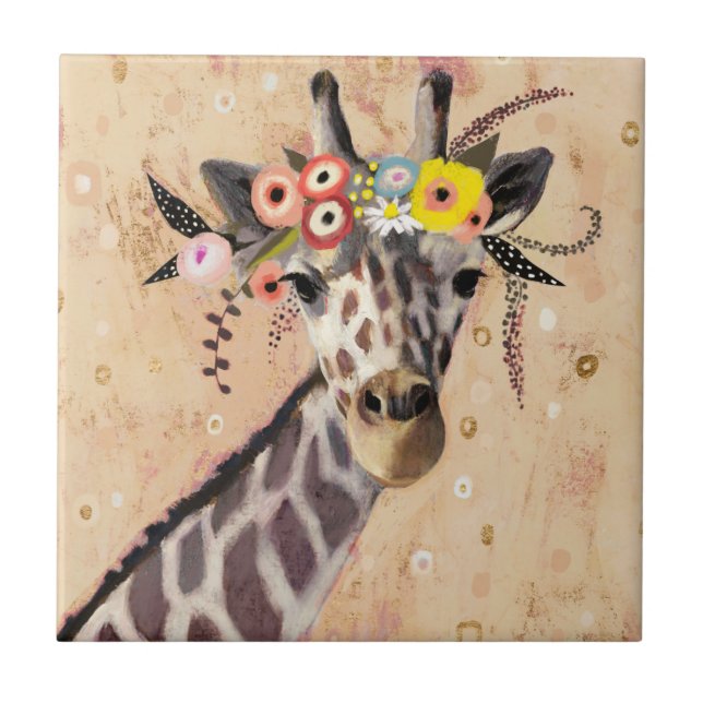 Klimt Giraffe | Crown Of Flowers Ceramic Tile (Front)