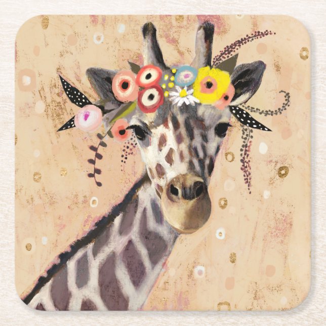 Klimt Giraffe | Crown Of Flowers Square Paper Coaster (Front)